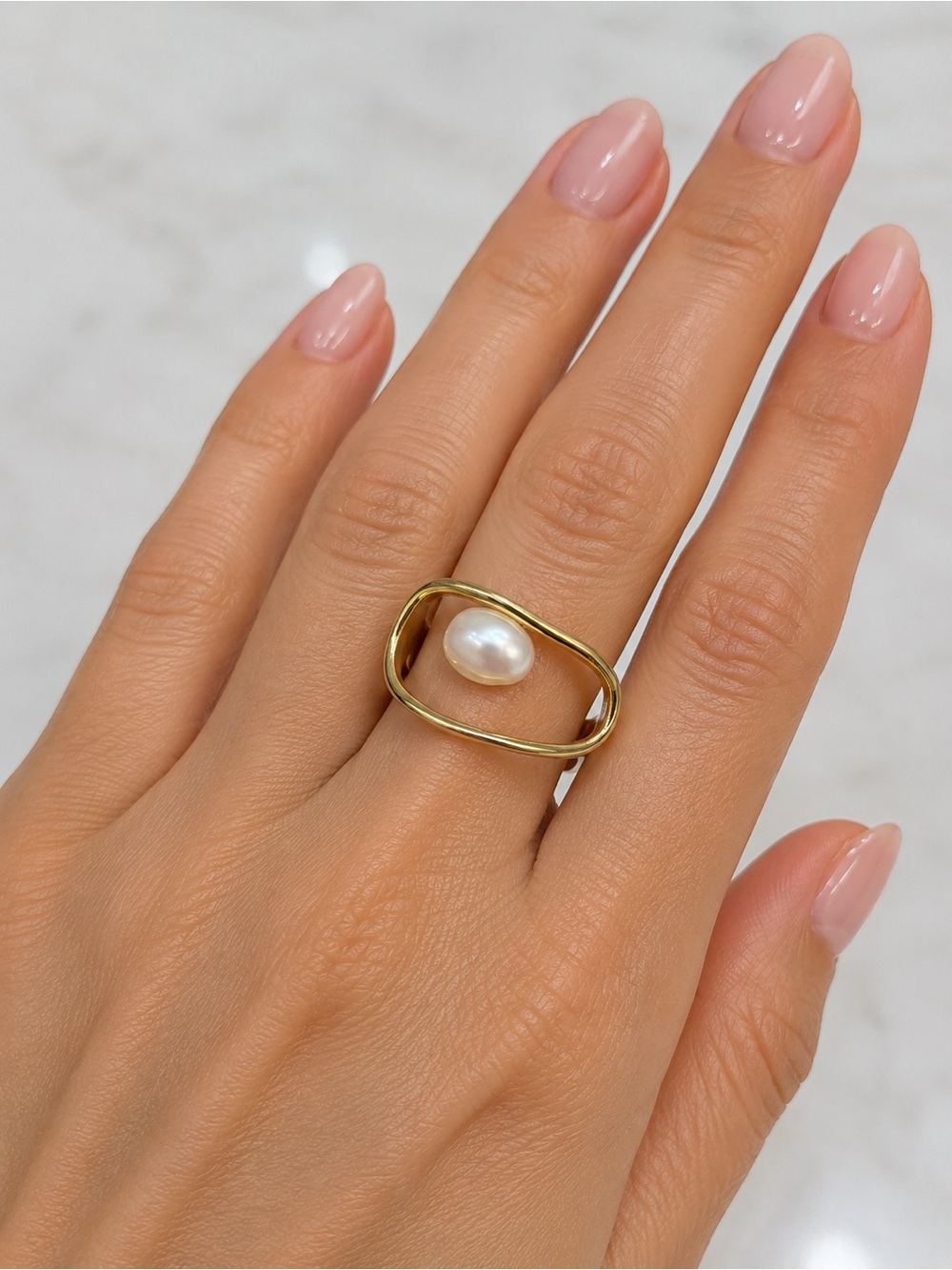 Gold Pearl Oval Open Ring